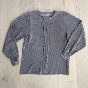 Vintage 80s Jaegar Navy Blue Beige Micro Stripe Collarless L/S Blouse Career Top